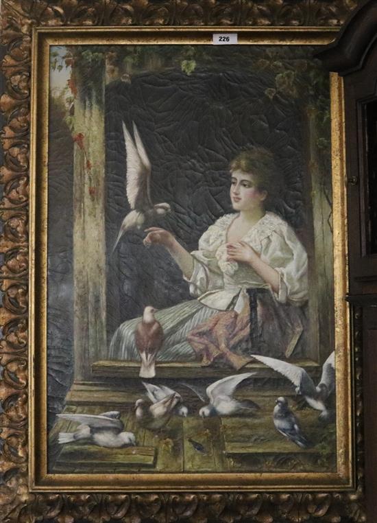 Large oil of woman feeding pigeons, 90 x 60cms